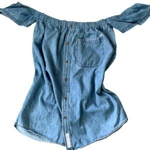 Poor Pitiful Pearl Off Shoulder Chambray Top M/L  Blue #95B